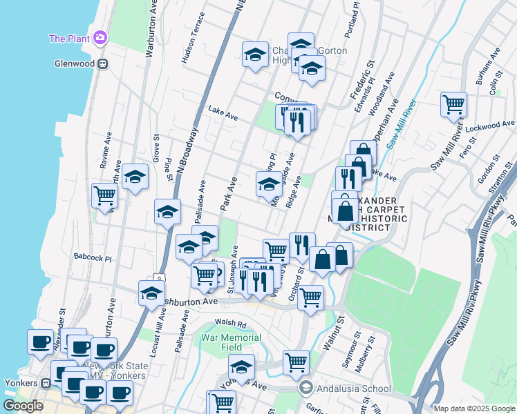 map of restaurants, bars, coffee shops, grocery stores, and more near in Yonkers
