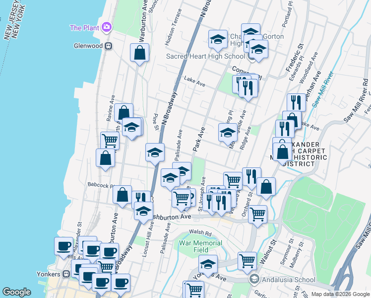 map of restaurants, bars, coffee shops, grocery stores, and more near 117 Park Avenue in Yonkers