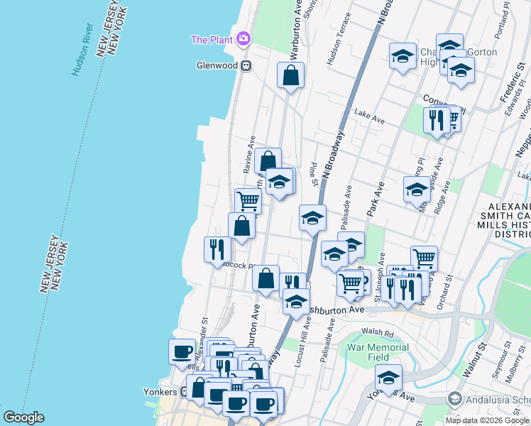 map of restaurants, bars, coffee shops, grocery stores, and more near 249 Warburton Avenue in Yonkers