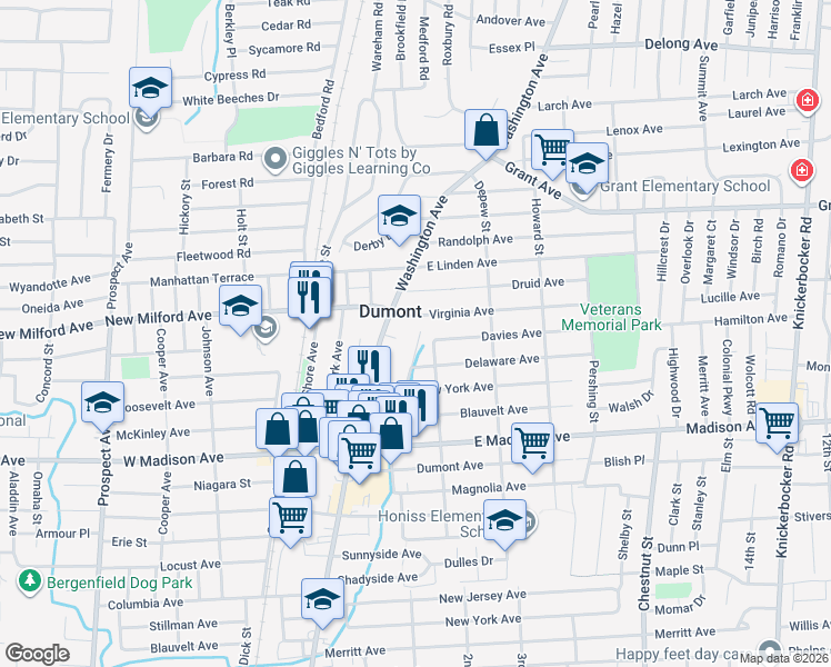 map of restaurants, bars, coffee shops, grocery stores, and more near in Dumont