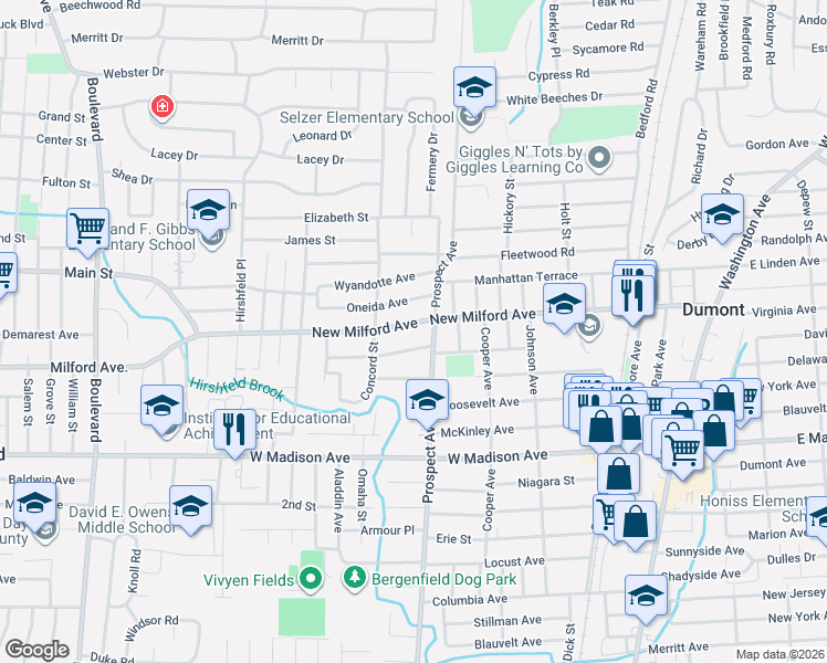 map of restaurants, bars, coffee shops, grocery stores, and more near 291 New Milford Avenue in Dumont