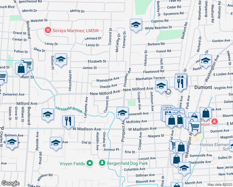 map of restaurants, bars, coffee shops, grocery stores, and more near 291 New Milford Avenue in Dumont