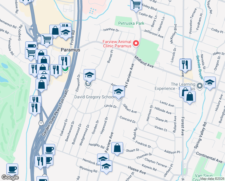 map of restaurants, bars, coffee shops, grocery stores, and more near 134 Arnot Place in Paramus