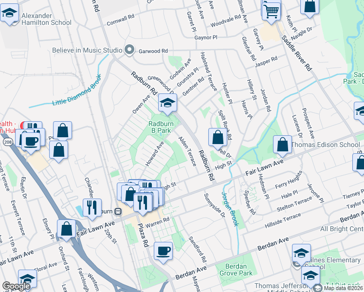 map of restaurants, bars, coffee shops, grocery stores, and more near 17-02 Alden Terrace in Fair Lawn