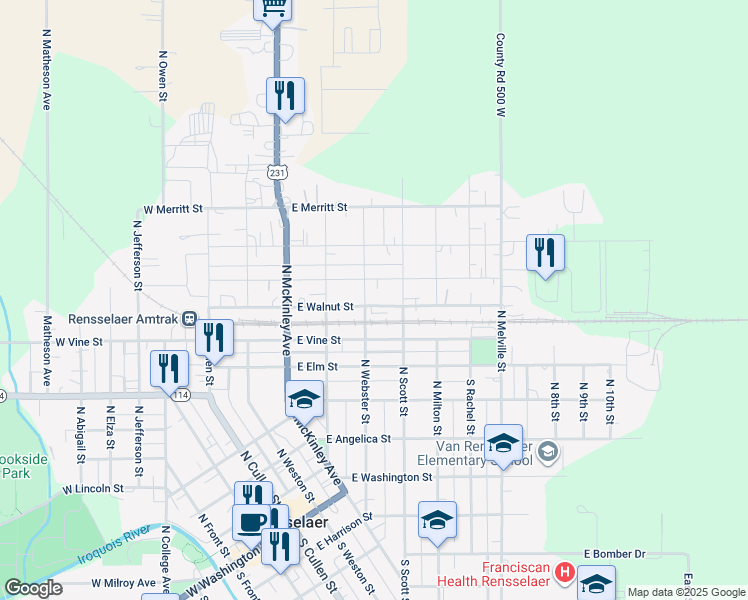 map of restaurants, bars, coffee shops, grocery stores, and more near 536 East Walnut Street in Rensselaer