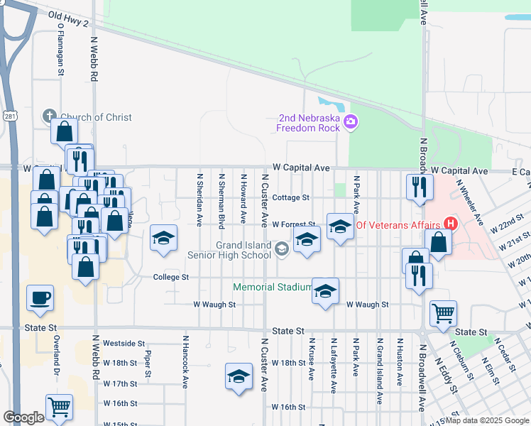 map of restaurants, bars, coffee shops, grocery stores, and more near 2300-2398 North Custer Avenue in Grand Island