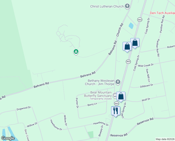 map of restaurants, bars, coffee shops, grocery stores, and more near 645 Behrens Road in Jim Thorpe