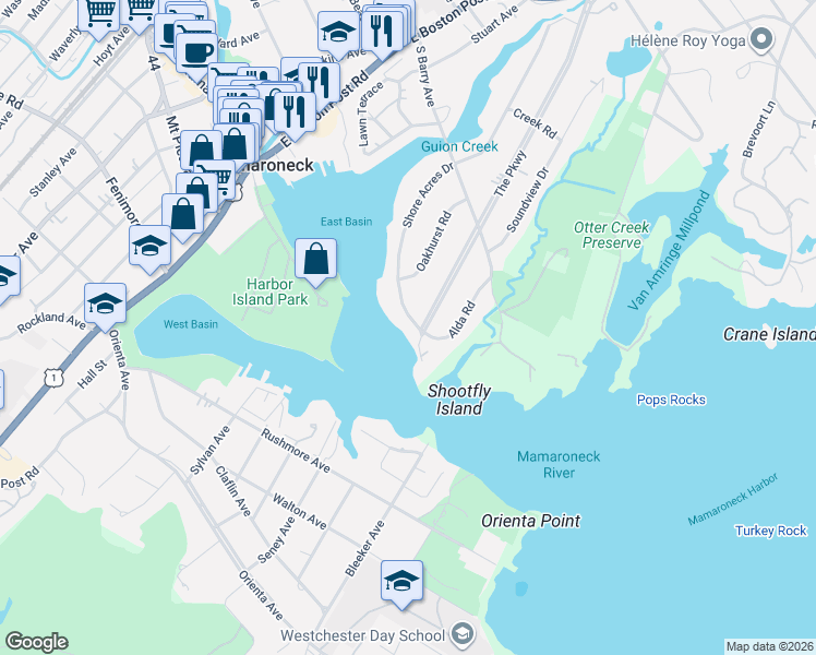 map of restaurants, bars, coffee shops, grocery stores, and more near 506 Shore Acres Drive in Mamaroneck