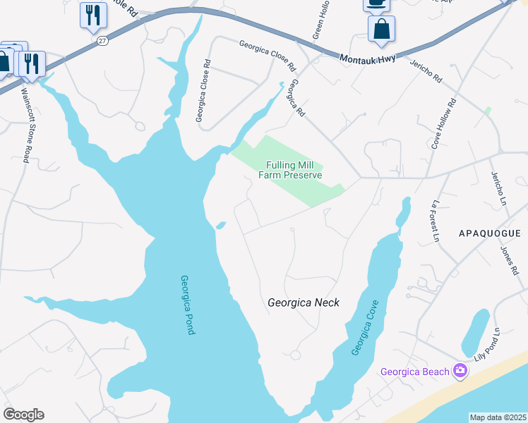 map of restaurants, bars, coffee shops, grocery stores, and more near 46 Briar Patch Road in East Hampton