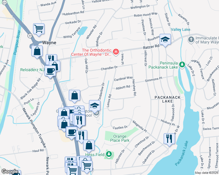 map of restaurants, bars, coffee shops, grocery stores, and more near 36 Lenox Road in Wayne