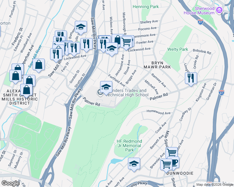 map of restaurants, bars, coffee shops, grocery stores, and more near 44 Briggs Avenue in Yonkers