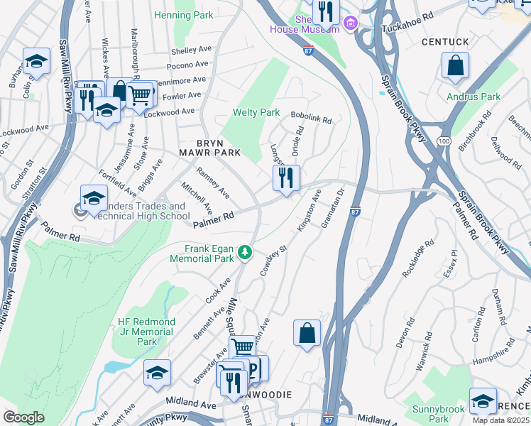map of restaurants, bars, coffee shops, grocery stores, and more near 438 Palmer Road in Yonkers