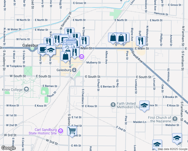 map of restaurants, bars, coffee shops, grocery stores, and more near 100-298 S Pearl St in Galesburg