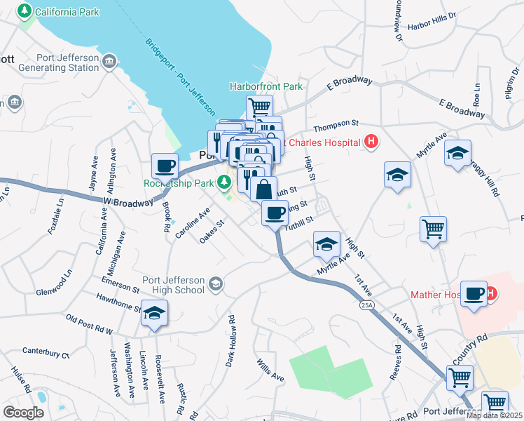 map of restaurants, bars, coffee shops, grocery stores, and more near 328 Main Street in Port Jefferson
