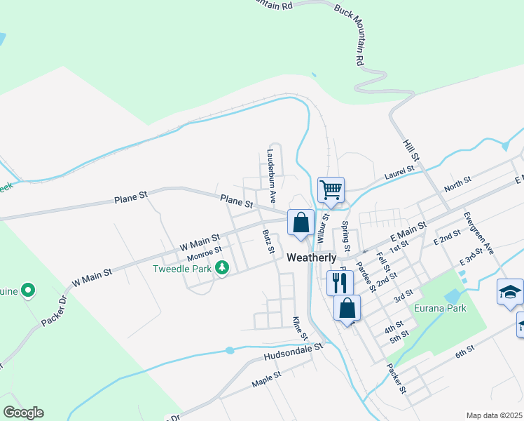 map of restaurants, bars, coffee shops, grocery stores, and more near 170 Plane Street in Weatherly