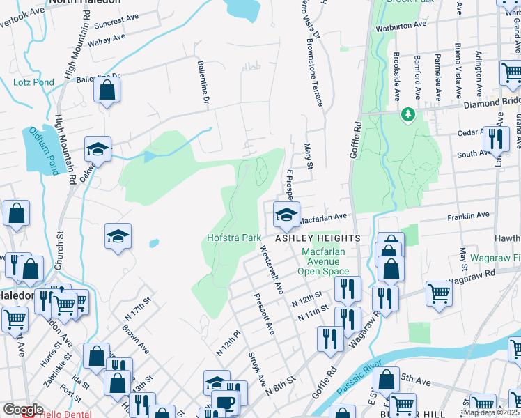 map of restaurants, bars, coffee shops, grocery stores, and more near 40 West Prospect Street in Hawthorne