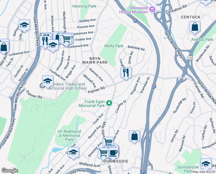 map of restaurants, bars, coffee shops, grocery stores, and more near 404 Palmer Road in Yonkers