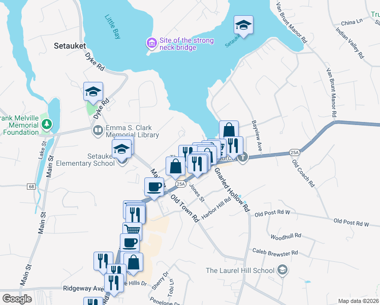 map of restaurants, bars, coffee shops, grocery stores, and more near 21 Brewster Lane in Setauket- East Setauket