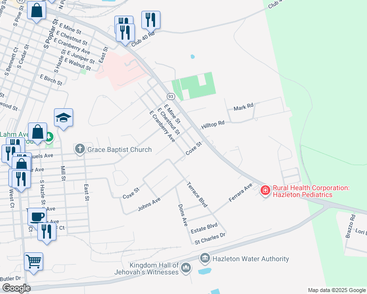 map of restaurants, bars, coffee shops, grocery stores, and more near 1328 East Chestnut Street in Hazleton