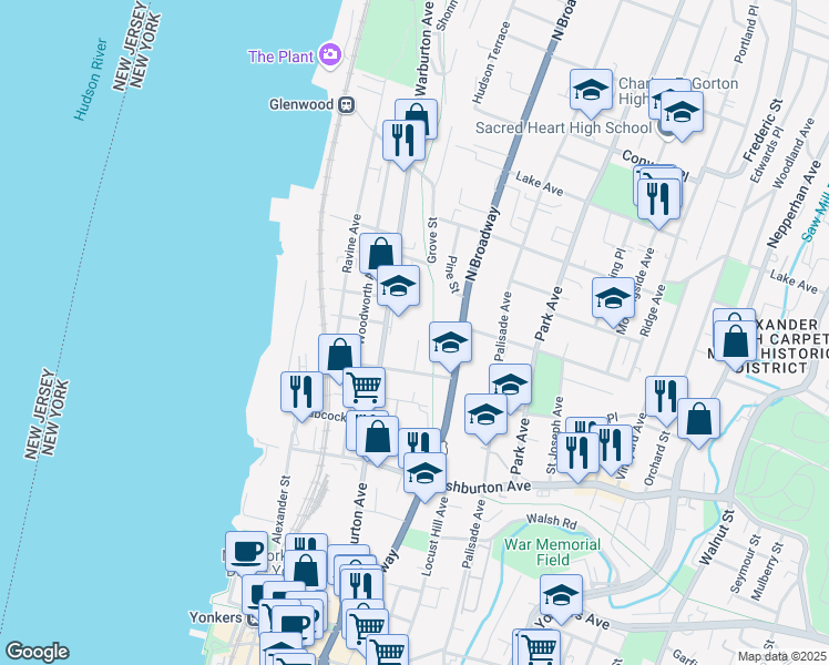 map of restaurants, bars, coffee shops, grocery stores, and more near 28 Lamartine Terrace in Yonkers