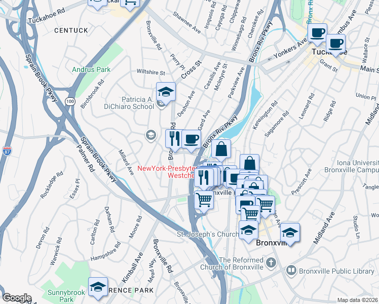 map of restaurants, bars, coffee shops, grocery stores, and more near 26 Pondfield Road West in Yonkers