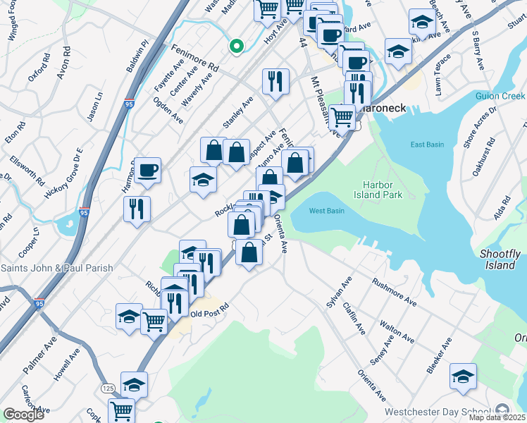map of restaurants, bars, coffee shops, grocery stores, and more near 101 Rockland Avenue in Mamaroneck
