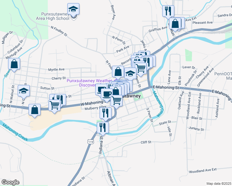 map of restaurants, bars, coffee shops, grocery stores, and more near 109 Pine Street in Punxsutawney