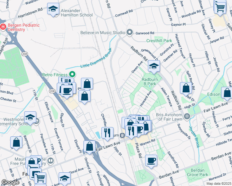 map of restaurants, bars, coffee shops, grocery stores, and more near 348 Plaza Road North in Fair Lawn