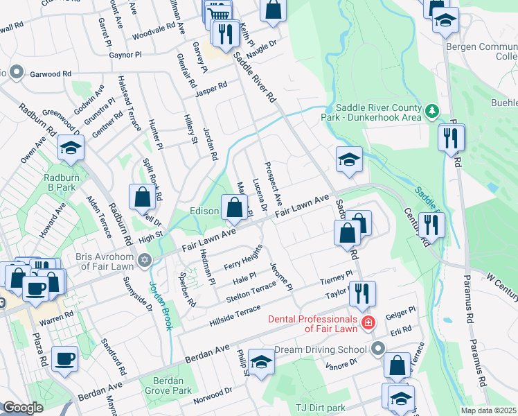 map of restaurants, bars, coffee shops, grocery stores, and more near 14-16 Lucena Drive in Fair Lawn