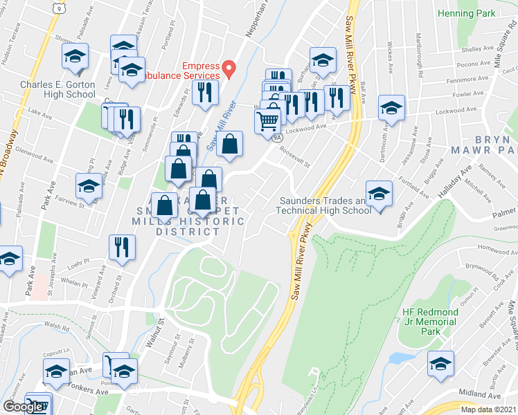 map of restaurants, bars, coffee shops, grocery stores, and more near 5 Lennon Avenue in Yonkers