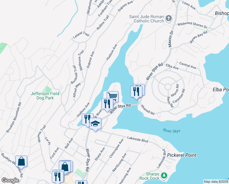 map of restaurants, bars, coffee shops, grocery stores, and more near 110 North River Styx Road in Hopatcong