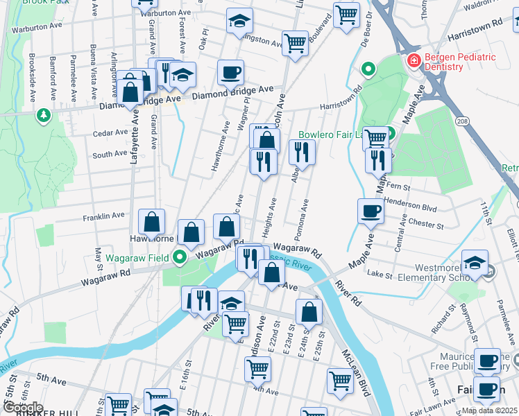 map of restaurants, bars, coffee shops, grocery stores, and more near 58 Lincoln Avenue in Hawthorne