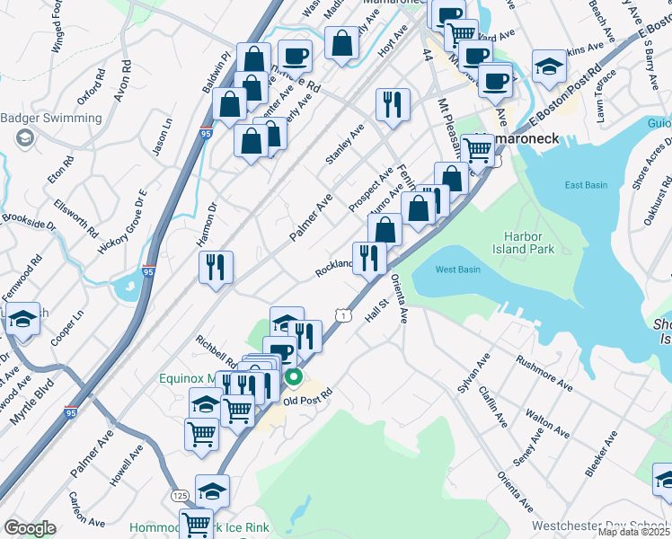 map of restaurants, bars, coffee shops, grocery stores, and more near 154 Rockland Avenue in Mamaroneck