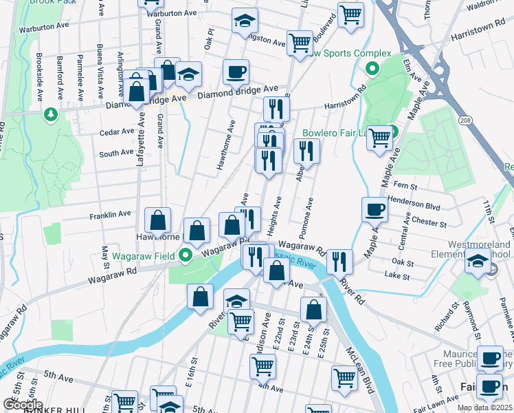 map of restaurants, bars, coffee shops, grocery stores, and more near 58 Lincoln Avenue in Hawthorne
