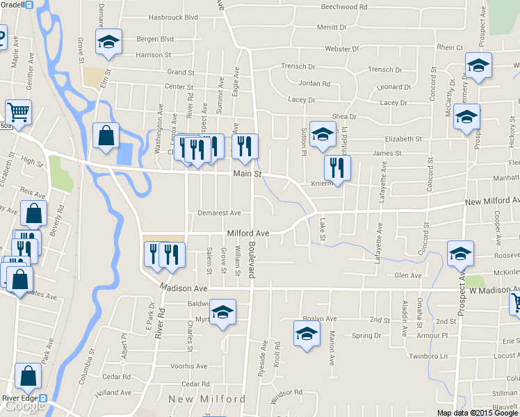 map of restaurants, bars, coffee shops, grocery stores, and more near 267 Boulevard in New Milford