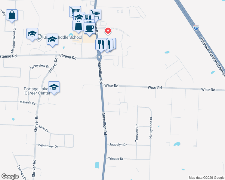 map of restaurants, bars, coffee shops, grocery stores, and more near 1848 Wise Road in North Canton