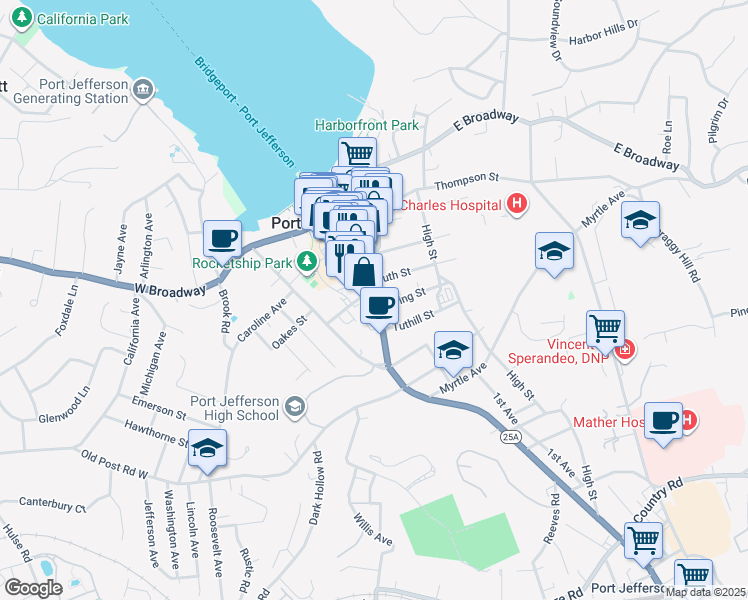 map of restaurants, bars, coffee shops, grocery stores, and more near 105 Spring Street in Port Jefferson