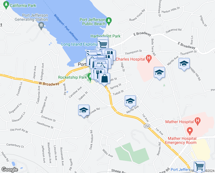 map of restaurants, bars, coffee shops, grocery stores, and more near 507 Main Street in Port Jefferson