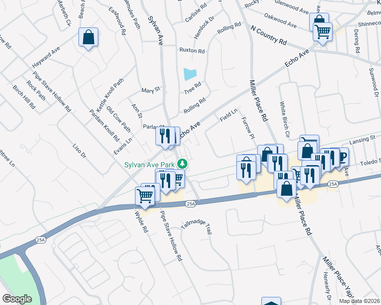 map of restaurants, bars, coffee shops, grocery stores, and more near 98 Echo Avenue in Miller Place