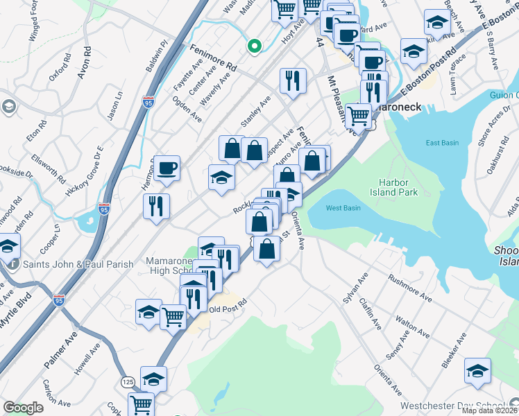 map of restaurants, bars, coffee shops, grocery stores, and more near 114 Rockland Avenue in Mamaroneck