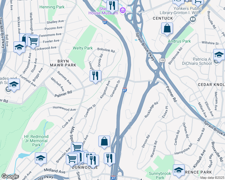 map of restaurants, bars, coffee shops, grocery stores, and more near 24 Kingston Avenue in Yonkers