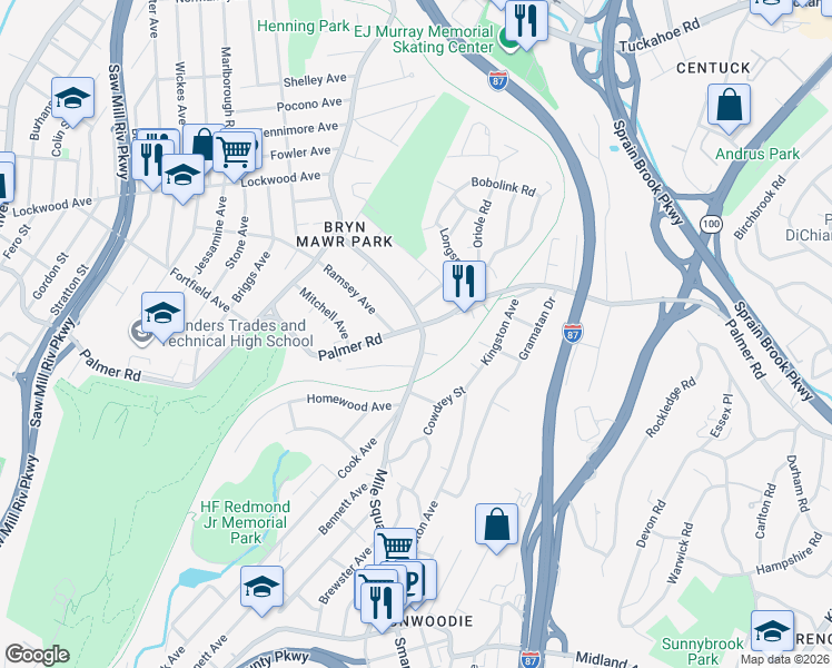 map of restaurants, bars, coffee shops, grocery stores, and more near 438 Palmer Road in Yonkers
