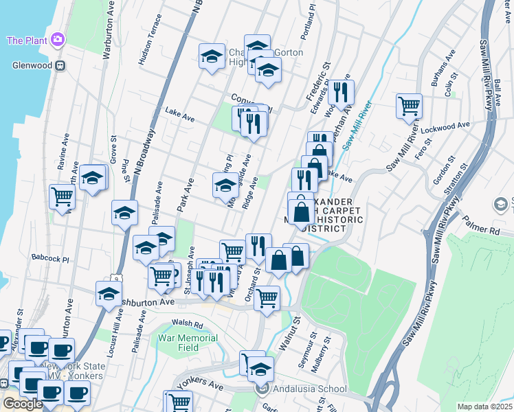 map of restaurants, bars, coffee shops, grocery stores, and more near 176 Ridge Avenue in Yonkers