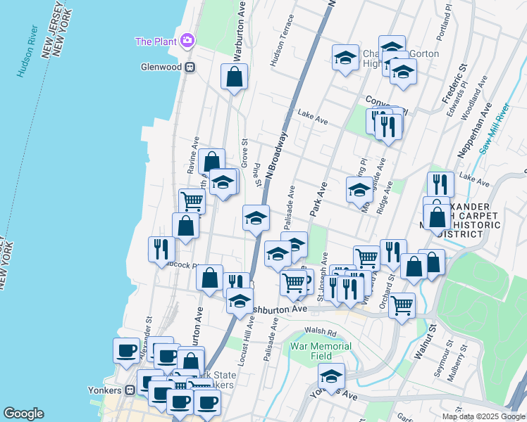 map of restaurants, bars, coffee shops, grocery stores, and more near 265 North Broadway in Yonkers