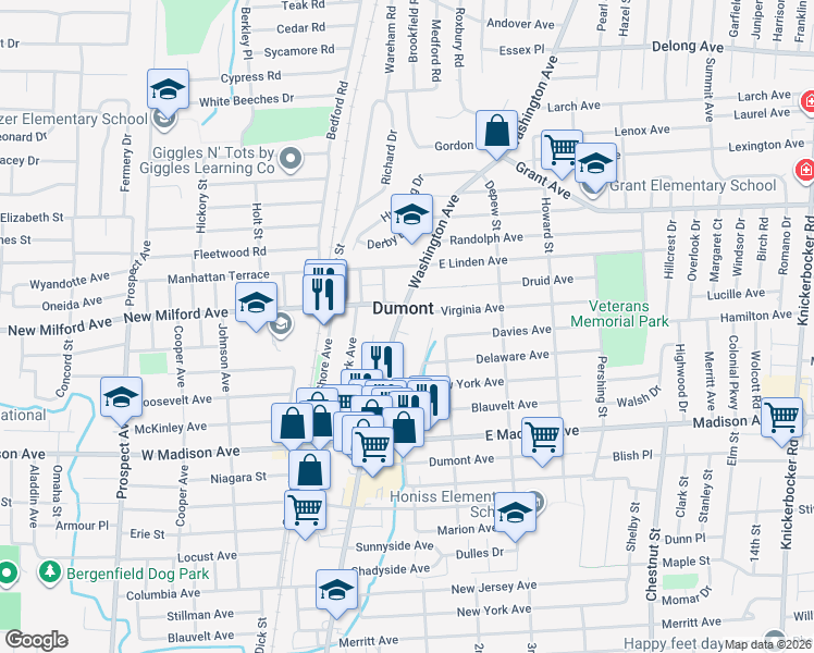 map of restaurants, bars, coffee shops, grocery stores, and more near 3 Washington Court in Dumont