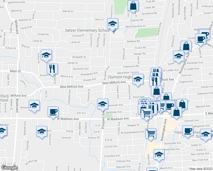 map of restaurants, bars, coffee shops, grocery stores, and more near 257 New Milford Avenue in Dumont