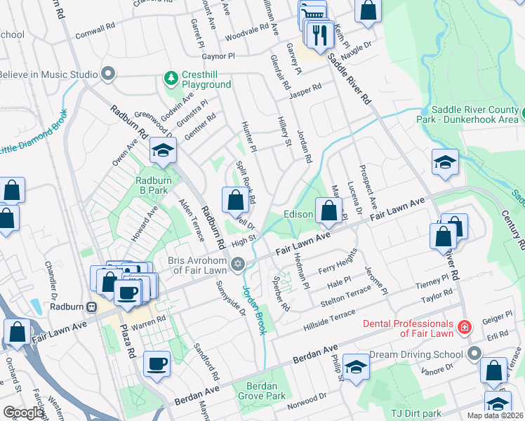 map of restaurants, bars, coffee shops, grocery stores, and more near 34-04 High Street in Fair Lawn