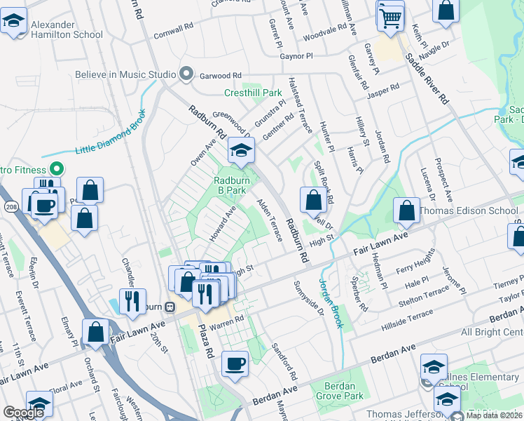 map of restaurants, bars, coffee shops, grocery stores, and more near 17-02 Alden Terrace in Fair Lawn
