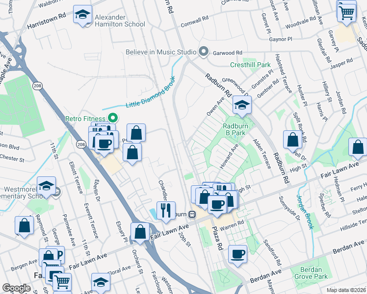 map of restaurants, bars, coffee shops, grocery stores, and more near 348 Plaza Road North in Fair Lawn