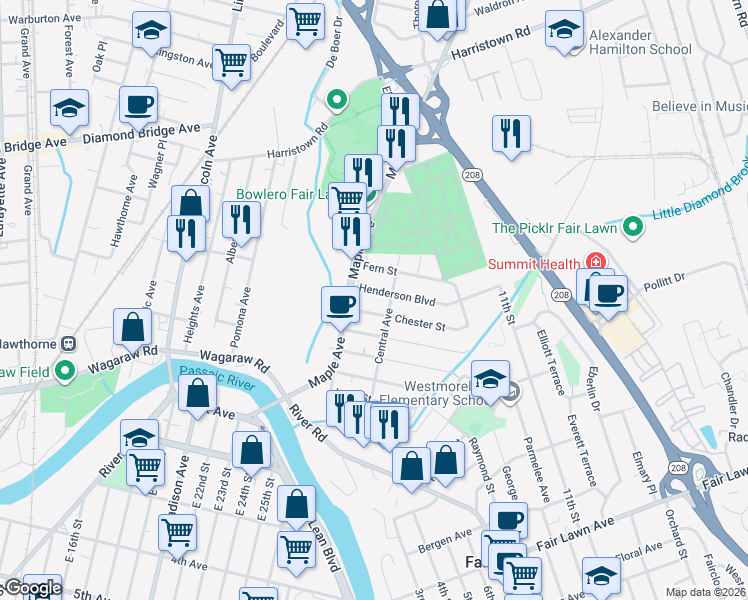 map of restaurants, bars, coffee shops, grocery stores, and more near 7-30 Henderson Boulevard in Fair Lawn